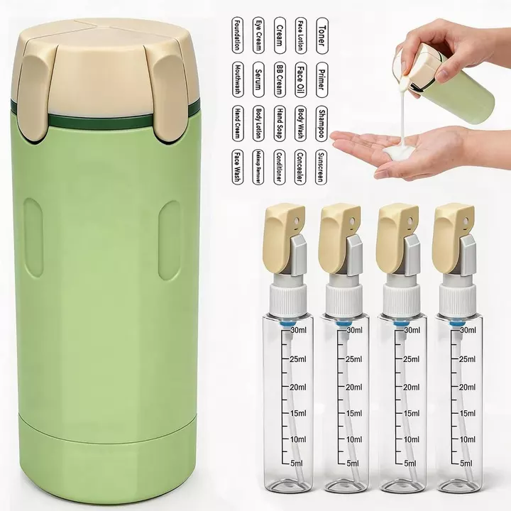 Bình đựng du lịch 4 trong 1 cho đồ vệ sinh, Bộ chai dầu gội và dầu xả du lịch di động 30ml, Chai bơm du lịch có thể đổ lại chống rò rỉ, mỹ phẩm xà phòng & kem dưỡng da dạng lỏng 30ml