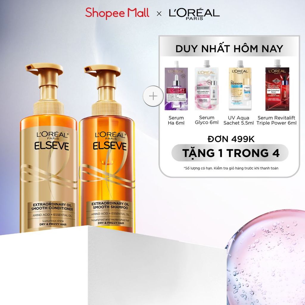Bộ gội xả dưỡng tóc suôn mượt cao cấp L’Oreal Paris Extraordinary Oil Smooth 440ml x2