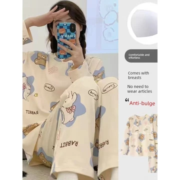 bộ đồ ngủ nữ dài tay set thu đông nữ Đồ ngủ có đệm ngực đáng yêu hoạt hình quần dài nữ dài tay bộ đồ học sinh cotton đồ mặc nhà size lớn rộng rãi mẫu xuân thu
