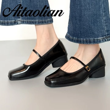 (Size 34-40) Da Thật Chính Hãng Giày Cao Gót Nữ Mũi Vuông Giày Nữ Giày Cao Gót Nữ Phong Cách Anh Giày Cao Gót Da Nữ Giày Hot Giày Màu Trơn Mary Jane Giày Đen