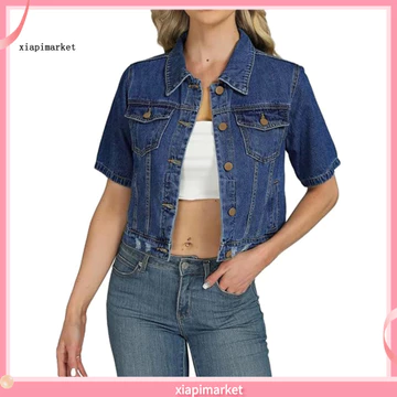XIA| Nữ Mùa Hè Tay Ngắn Crop Denim Áo Khoác Ve Áo Nút Xuống Trucker Jean Áo Khoác Nhẹ Phong Cách Áo Khoác Ngoài Cho Thời Tiết Đông Nam Đầm Hoa Denim Áo Khoác