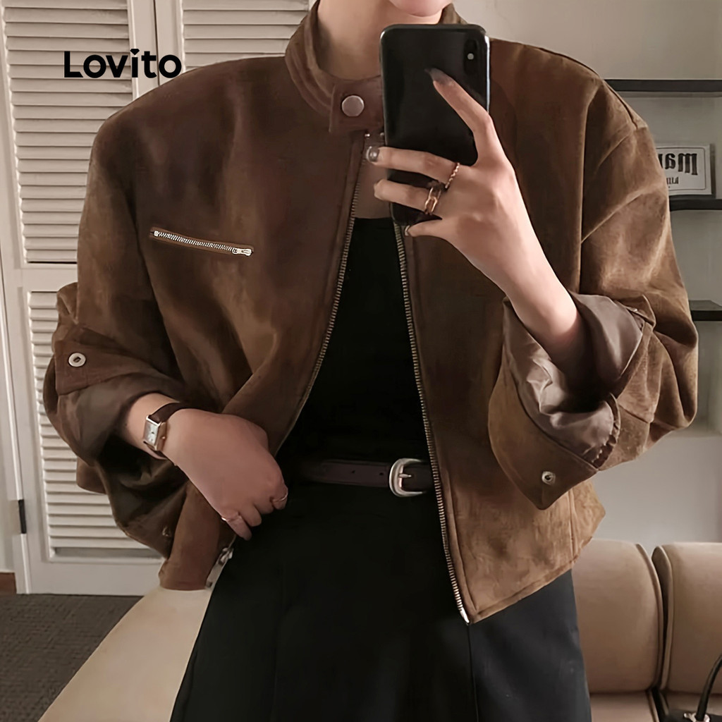 Lovito Áo khoác nữ nâu thu đông nút dây kéo phong cách thường ngày LK7LD169