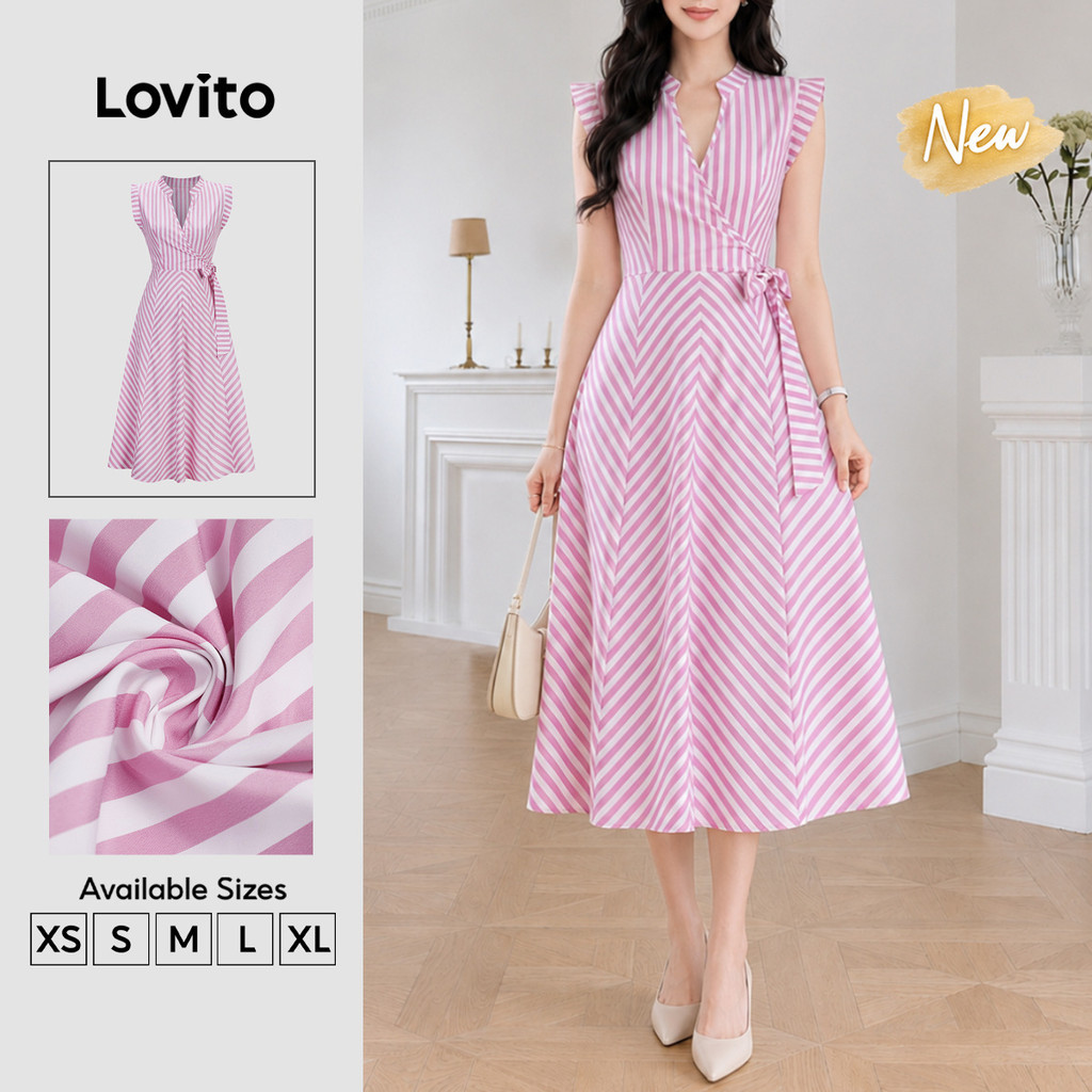 (New Arrival) Lovito Đầm nữ công sở mùa xuân hè Thanh lịch màu hồng trắng kẻ sọc buộc dây dáng chữ a dài đến đầu gối DRB204P1D426