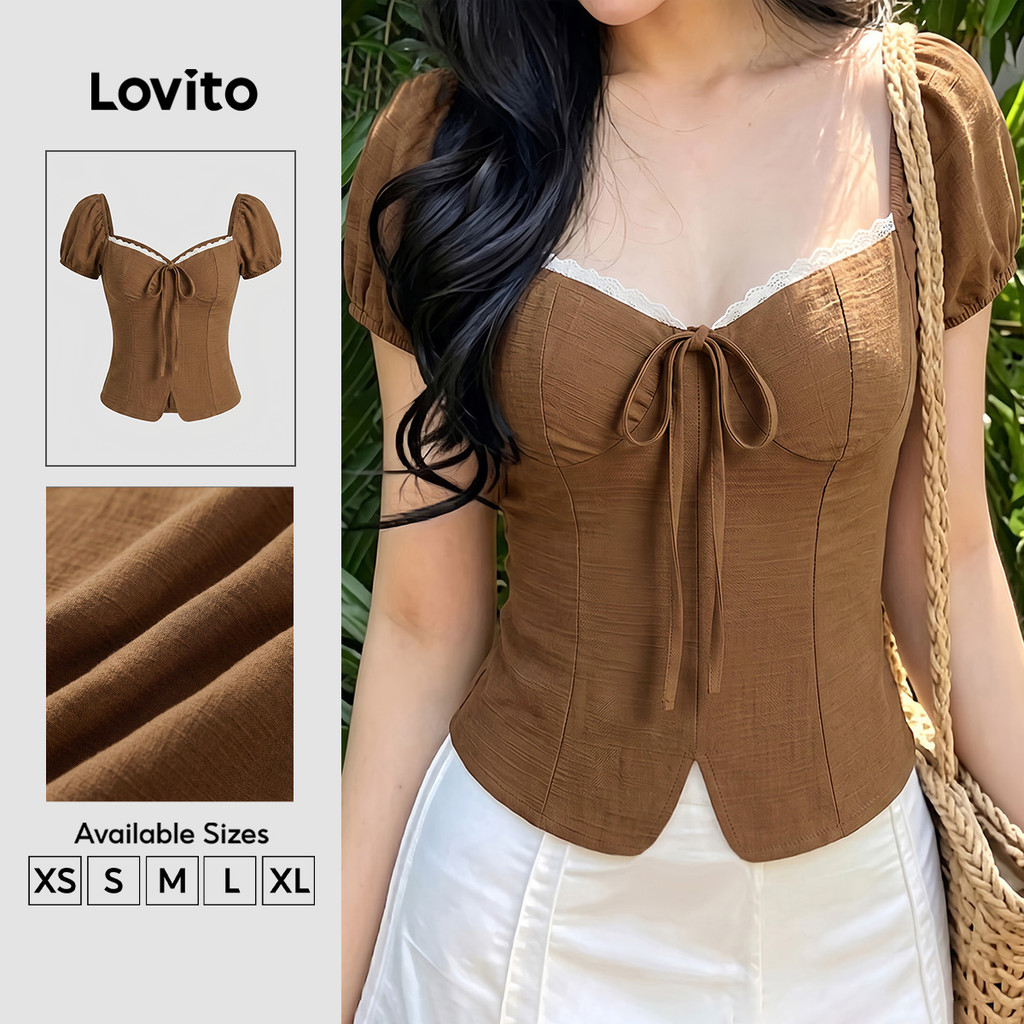 Lovito Áo sơ mi nữ nâu mùa xuân/hè xếp ly buộc dây BLK9TD044