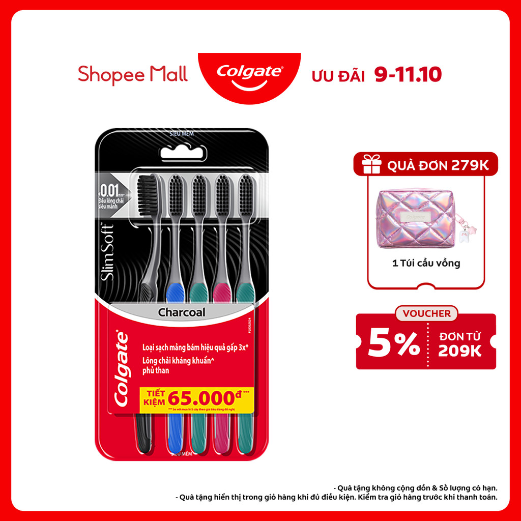 Bộ 5 Bàn chải Colgate SlimSoft Charcoal than hoạt tính kháng khuẩn siêu mềm mảnh