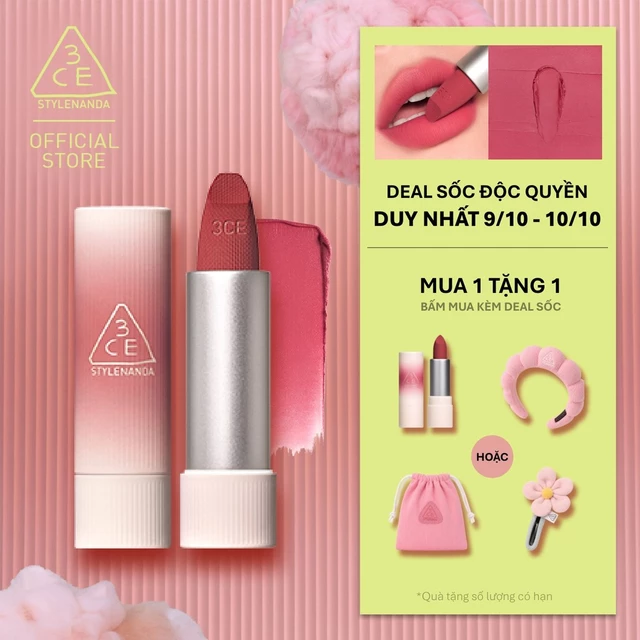 Son Thỏi 3CE Cashmere Hug Mềm Mịn Như Len, Bền Màu Lâu Trôi, Nhẹ Trên Môi, Không Bết Dính