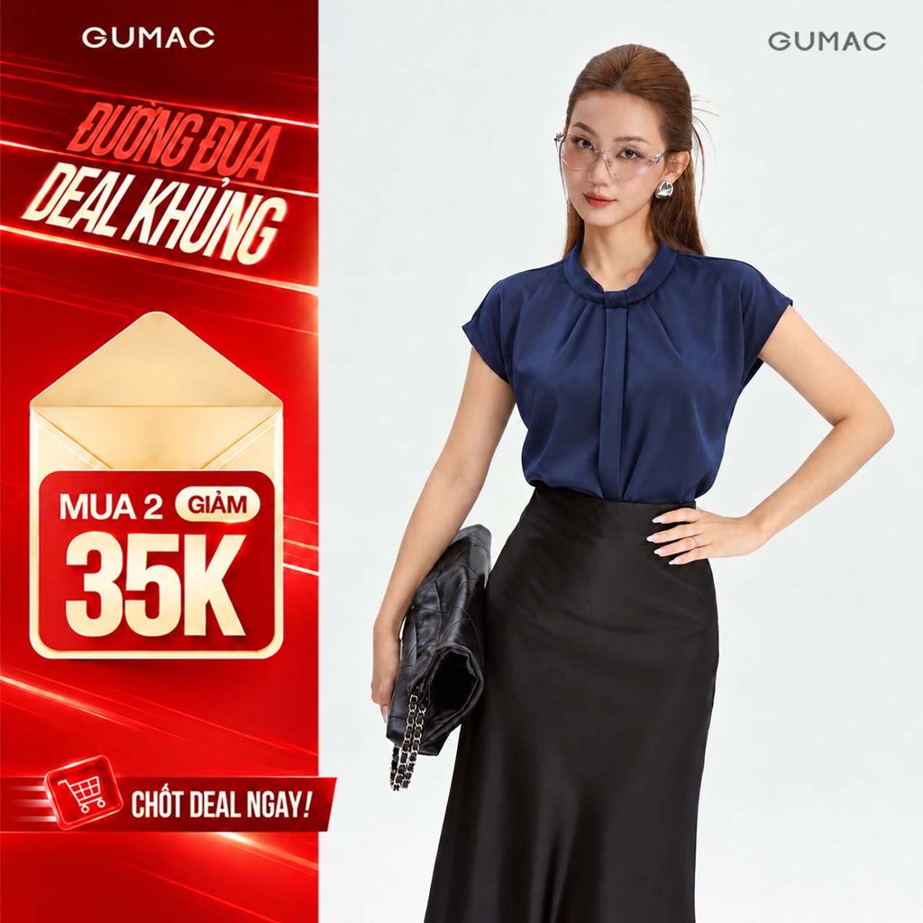 Áo Sơ Mi Nữ Tay Liền GUMAC Form Suông Cổ Tròn Bẻ Xếp Ly Giữa Thân Trước Chất Lụa Lạnh Mềm Mát Thanh Lịch LAG09044