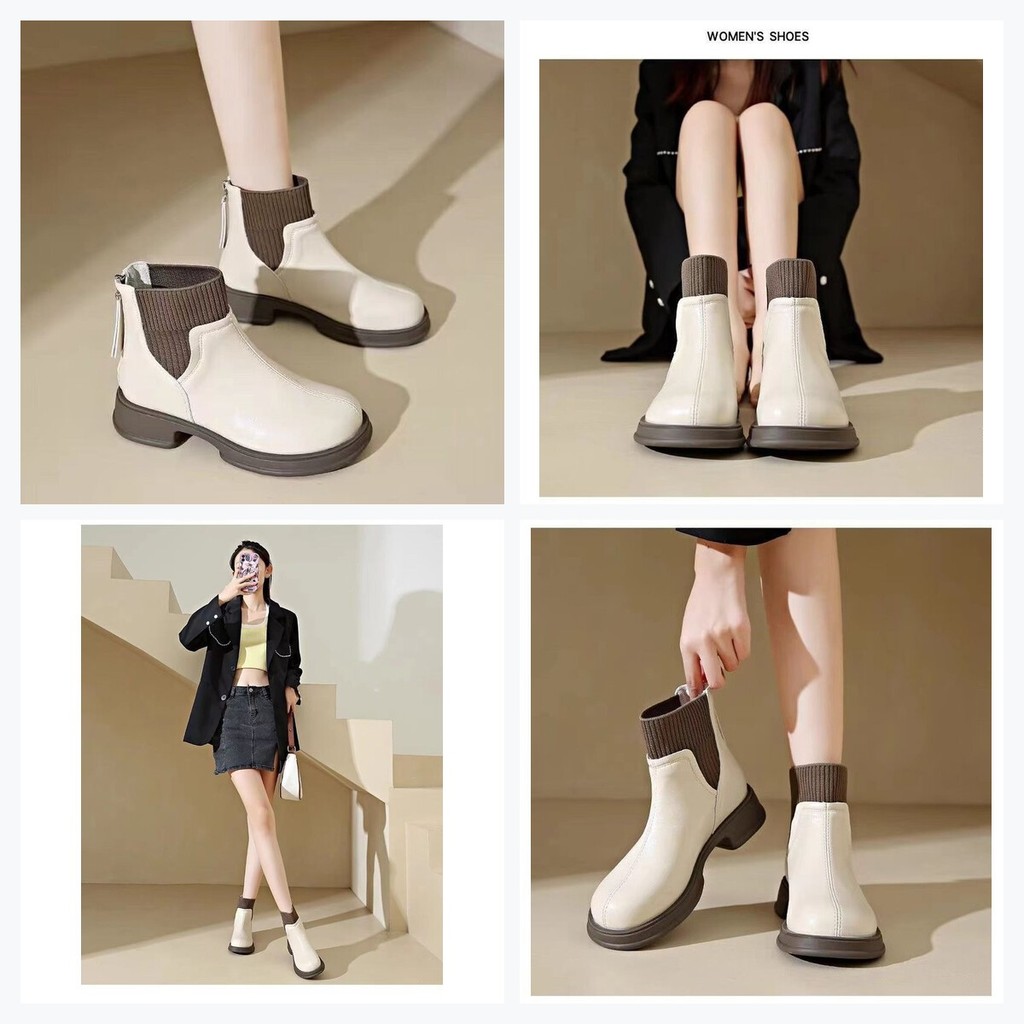 Giày Boots Nữ Cổ Cao Chelsea Gót Vuông Đế Dày Da PU Phối Len Ấm Thu ...