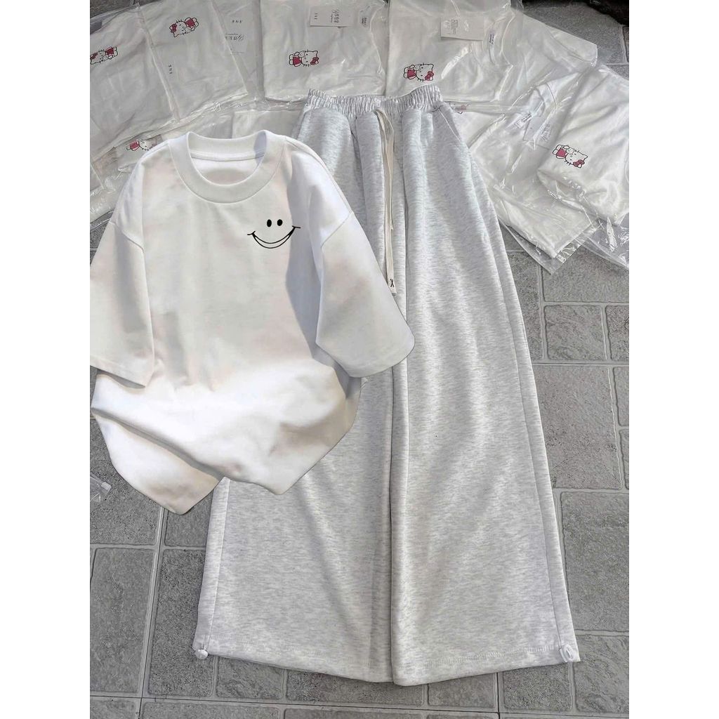 Tổng hợp quần  ống rộng chất da cá xám + mix áo phông form rộng tay lỡ unisex -ÁO MẶT CƯỜI NGGỰC