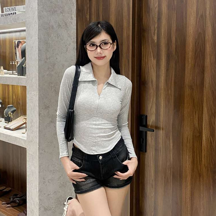 (DEAL MỞ BÁN) Áo Thun Nữ Cổ Bẻ Tay Dài Phối Dây Kéo Ôm Dáng Vạt Bầu Vải Cotton Mịn