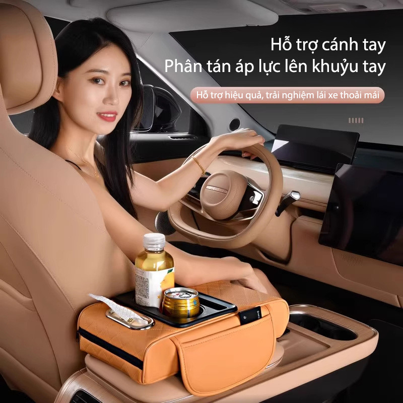 Đệm tỳ tay ô tô 4 trong 1, có hộp đựng đa năng, có giá đỡ cốc, Chất liệu bọc da PU cao cấp