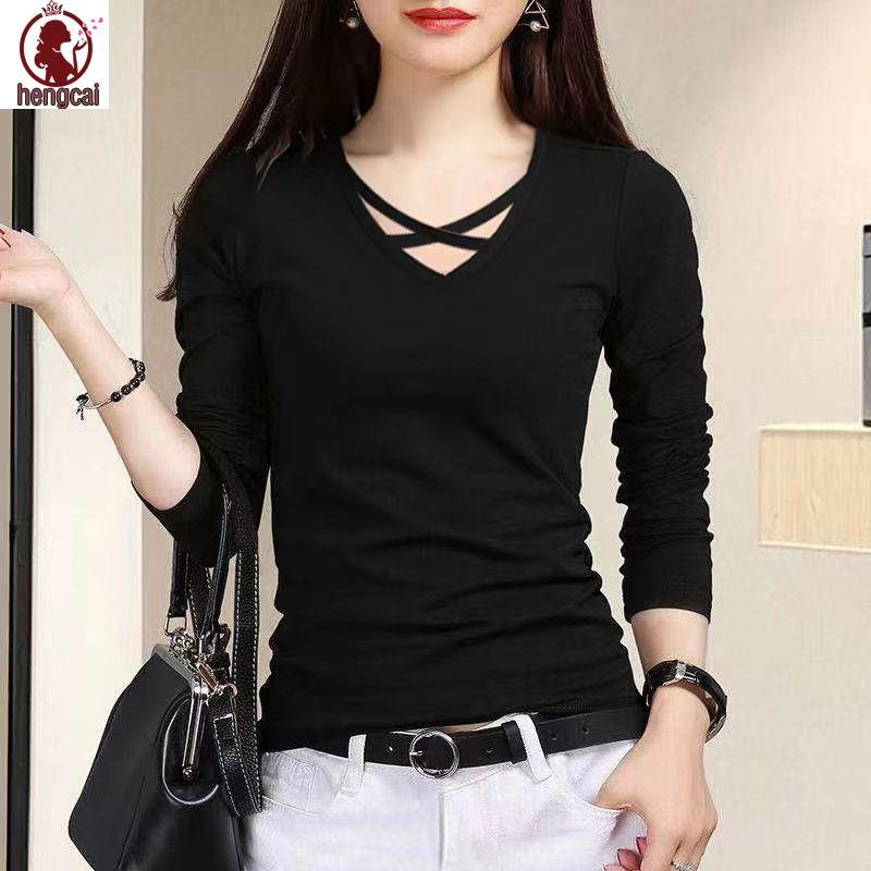 Áo thun dài tay cổ chữ V mỏng style Hàn Quốc, phù hợp mùa xuân thu, có size lớn