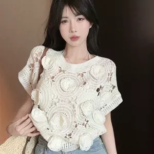 Áo thun ngắn tay dệt kim màu trắng kiểu Bohemian Holiday Style Rỗng