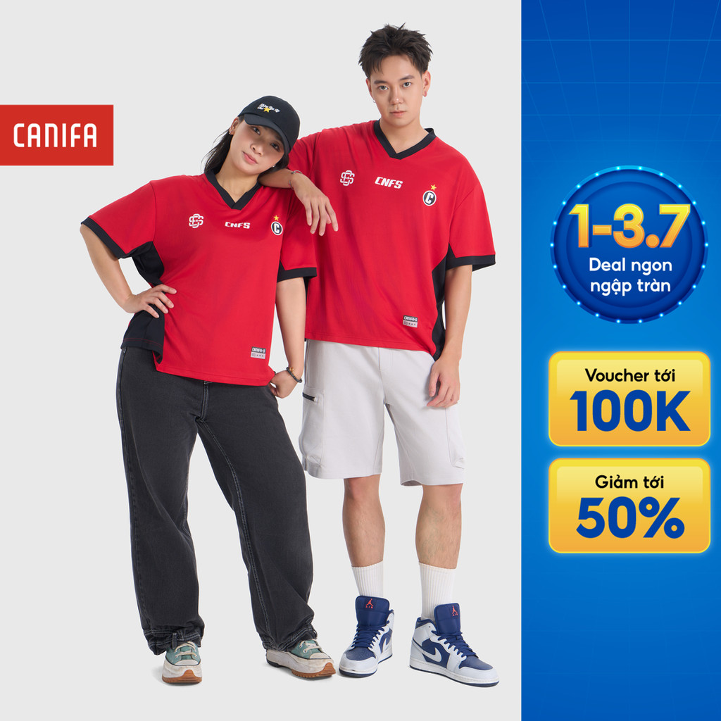 Áo phông unisex người lớn CANIFA S cộc tay cổ V form boxy in họa tiết sao vàng 5TS26S019