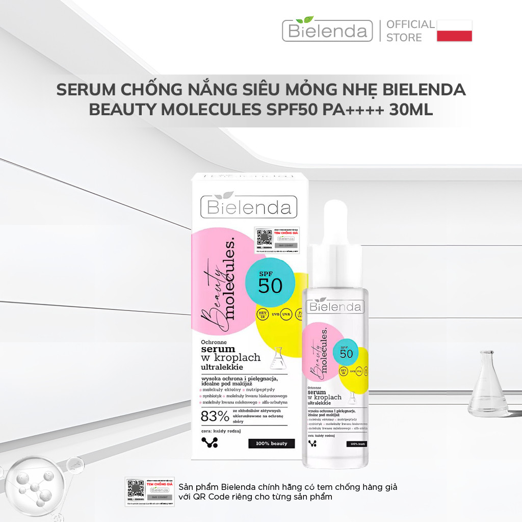 Serum chống nắng siêu mỏng nhẹ Bielenda Beauty Molecules SPF50 PA++++ nâng tone, dưỡng trắng da 30ml