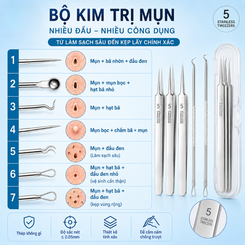 Nhíp Gắp Mụn Đầu Đen Chuyên Nghiệp – Bộ 3/8 Món Thép Không Gỉ, Làm Sạch Sâu, Nặn Mụn & Gắp Mụn Hiệu Quả, Không Đau