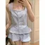 Bộ đồ ngủ bán chạy dành cho nữ Phiên bản Hàn Quốc mùa hè có miếng đệm ngực sọc cổ áo ren Quần short đi chơi Lounge