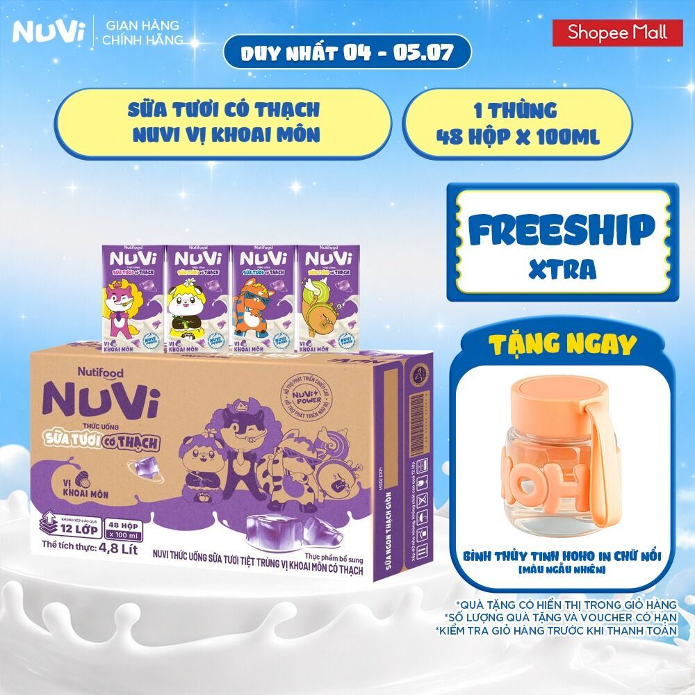 Thùng 48 Hộp NuVi Thức Uống Sữa Tươi Tiệt Trùng Vị Khoai Môn Có Thạch 100 ml