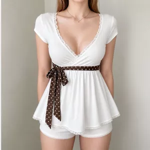 |MỞ BÁN TC| Áo cổ V ren tay ngắn cổ chữ V phối nơ hoạ tiết chấm bi y2k - - Hieuvy Botique