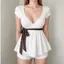 |MỞ BÁN TC| Áo cổ V ren tay ngắn cổ chữ V phối nơ hoạ tiết chấm bi y2k - - Hieuvy Botique