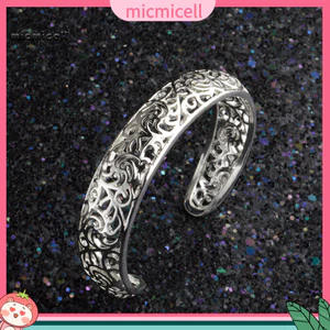 MIC _ Cuff Vòng Tay Mở Tay Thủ Công Tinh Tế Rỗng Màu Bạc Khắc Hoa Văn Retro Lắc Tay Cho Bữa Tiệc