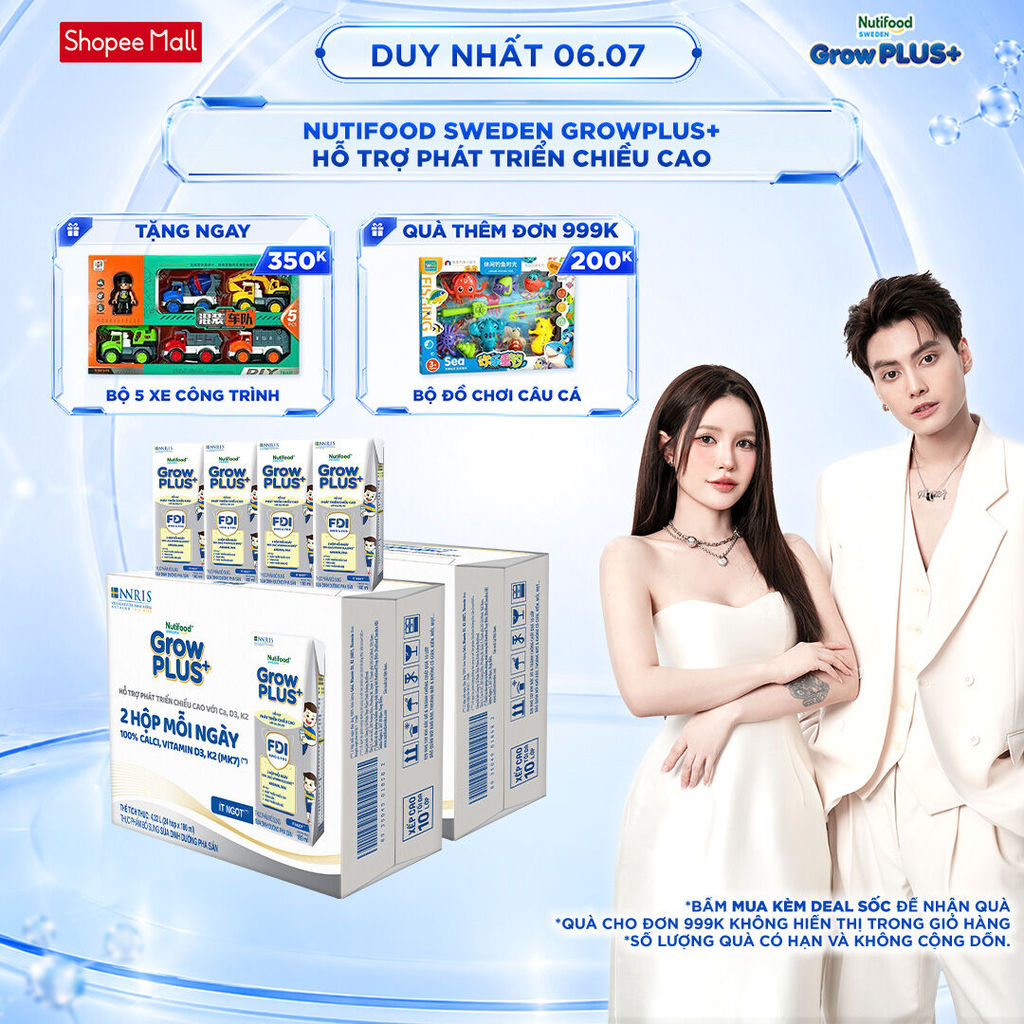 [Livestream Lucie] Combo 2 Thùng 24 Hộp Sữa Bột Pha Sẵn Nutifood Sweden GrowPLUS+ Cao lớn vượt trội hộp 180 ml