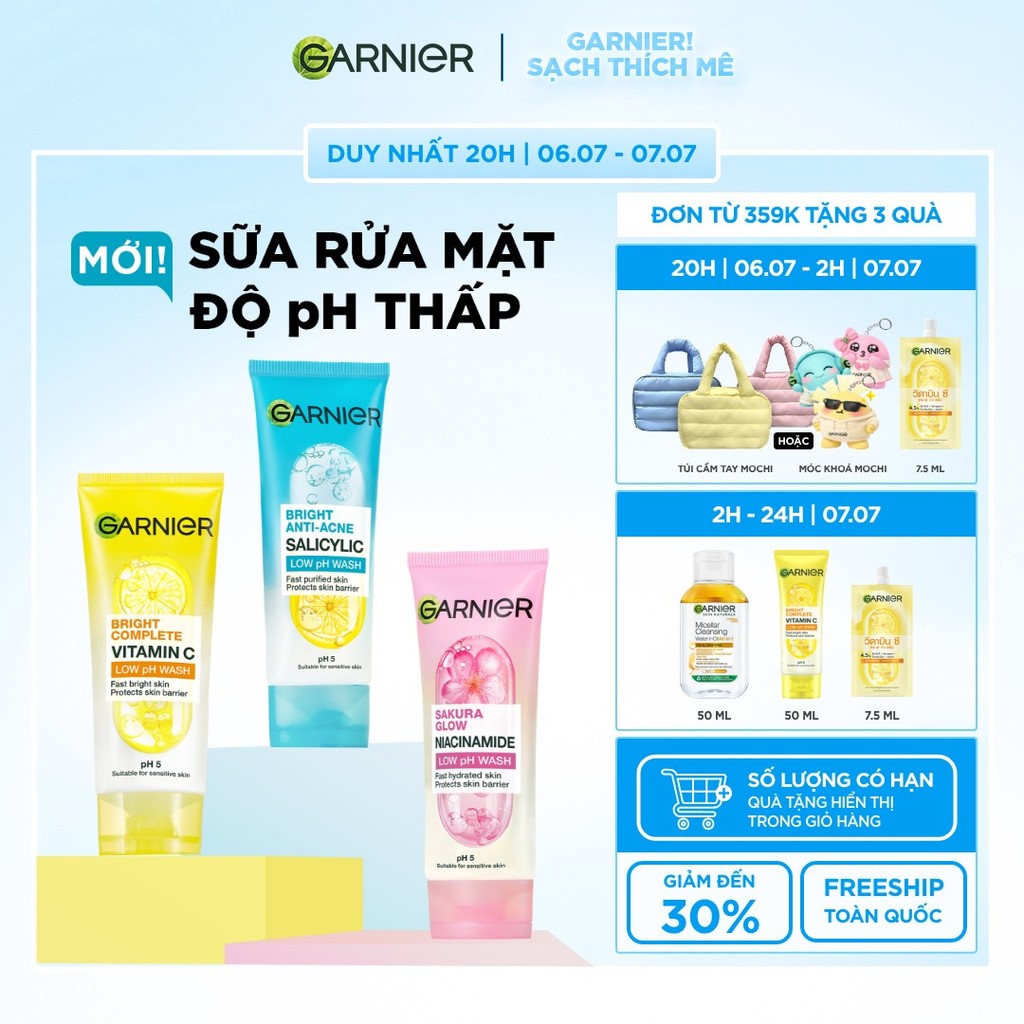 MỚI! Sữa rửa mặt dạng Gel độ PH 5 cân bằng cho mọi loại da - Garnier Low PH Gel Wash 100ml