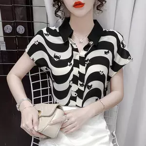 Áo sơ mi voan ngắn tay sọc mùa hè nhẹ thoáng khí Giảm tuổi dáng ôm hơn Thời trang Phù hợp với mọi trận đấu Mặt trời thông thường