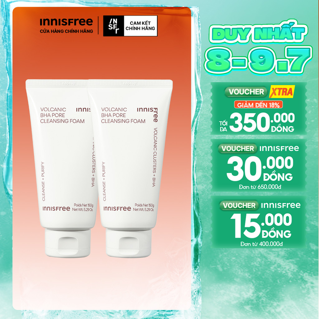 Bộ 2 Sữa rửa mặt se khít lỗ chân lông và giảm dầu nhờn Innisfree Volcanic Pore BHA Cleansing Foam 150g