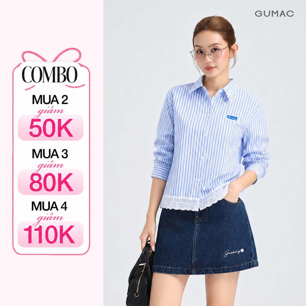 Áo Sơ Mi Nữ Tay Dài GUMAC Form Boxy Phối Viền Ren Cách Điệu Trẻ Trung YAG05031