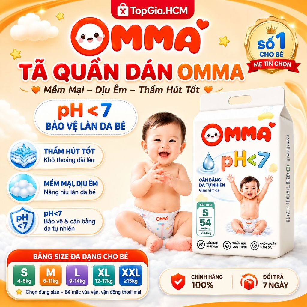Tã quần dán OMMA Care Mềm Mại, Dịu Êm, Thấm Hút Tốt, pH<7 Bảo Vệ Làn Da Bé, Đủ Size S/M/L/XL/2XL/3XL