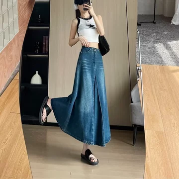 Quần jean ống rộng cỡ lớn dành cho nữ Xuân Thu Phong cách mới Quần ống rộng cao Drape Quần ống rộng dáng rộng mỏng hơn Nhìn đến mắt cá chân Quần váy lật