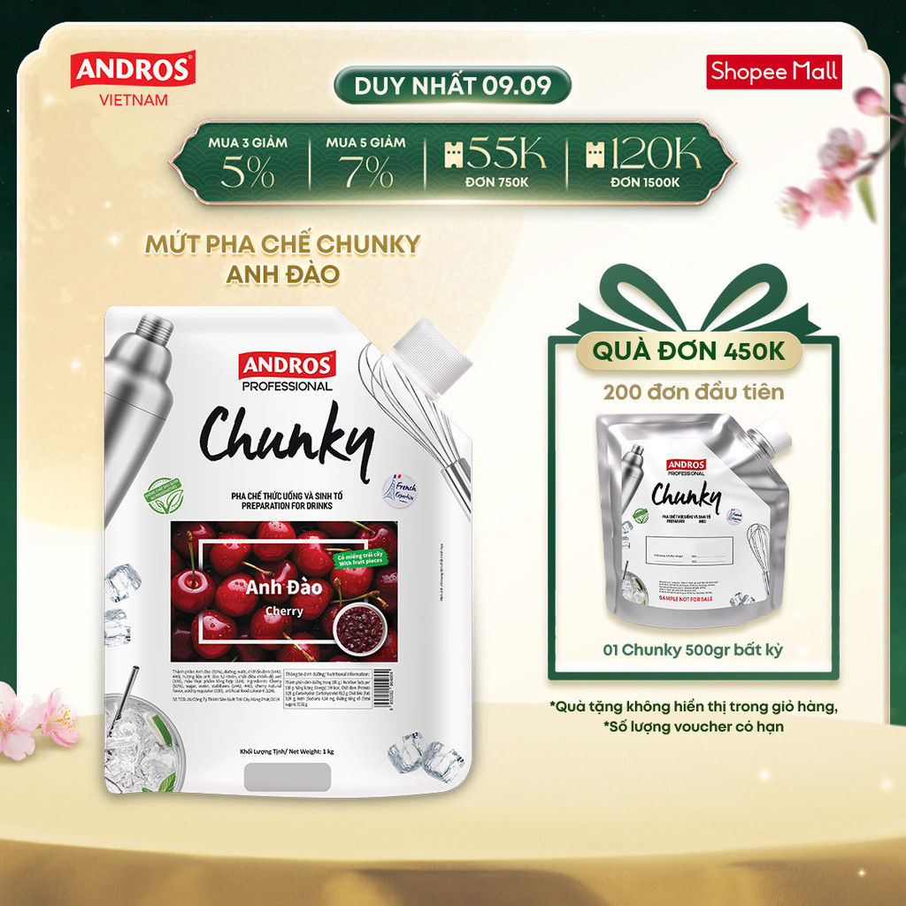 Mứt Trái Cây Pha Chế Anh Đào – Có miếng trái cây thật – Nguyên liệu pha chế – ANDROS CHUNKY – 1kg