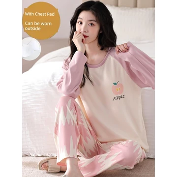 bộ đồ ngủ nữ dài tay set thu đông nữ Bộ đồ ngủ dài tay có đệm ngực cho nữ mùa thu 2026 ngọt ngào hoạt hình có thể mặc bên ngoài trang phục nữ cổ tròn bộ đồ mặc nhà thường ngày