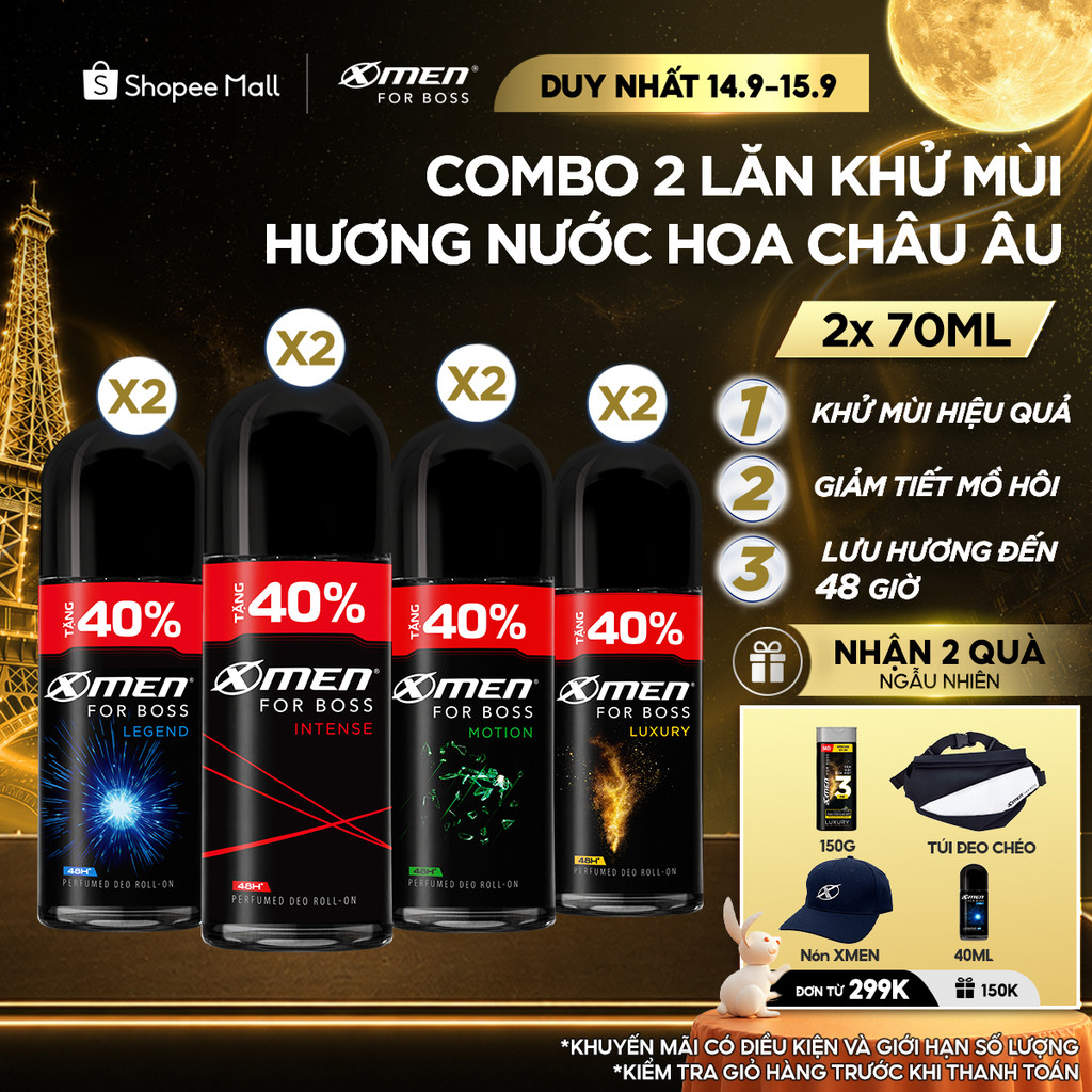 [Tặng thêm 40% dung tích] Combo 2 Lăn khử mùi X-Men For Boss Intense/ Luxury/Legend/Motion 70ml/chai