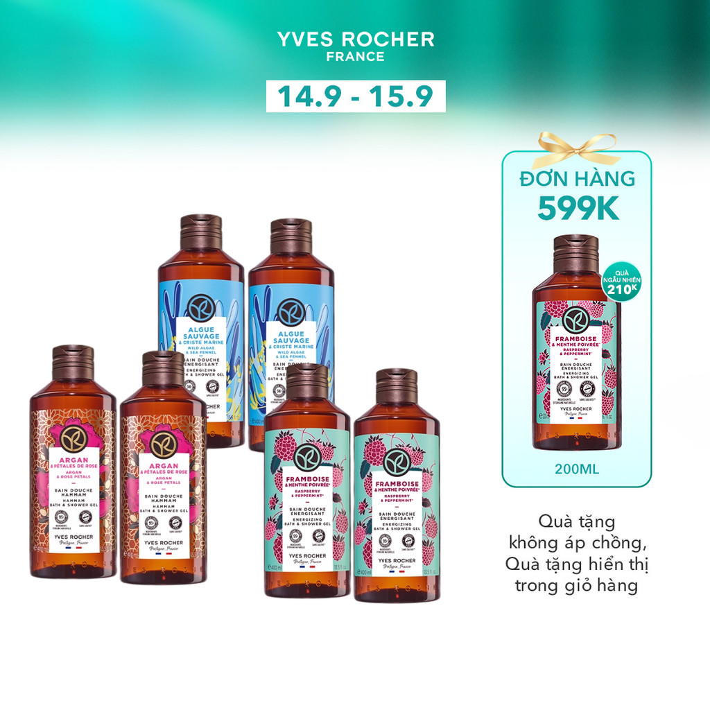 Combo 2 sữa tắm thiên nhiên dạng gel không Sulfate Yves Rocher cùng mùi hương 400mlx2