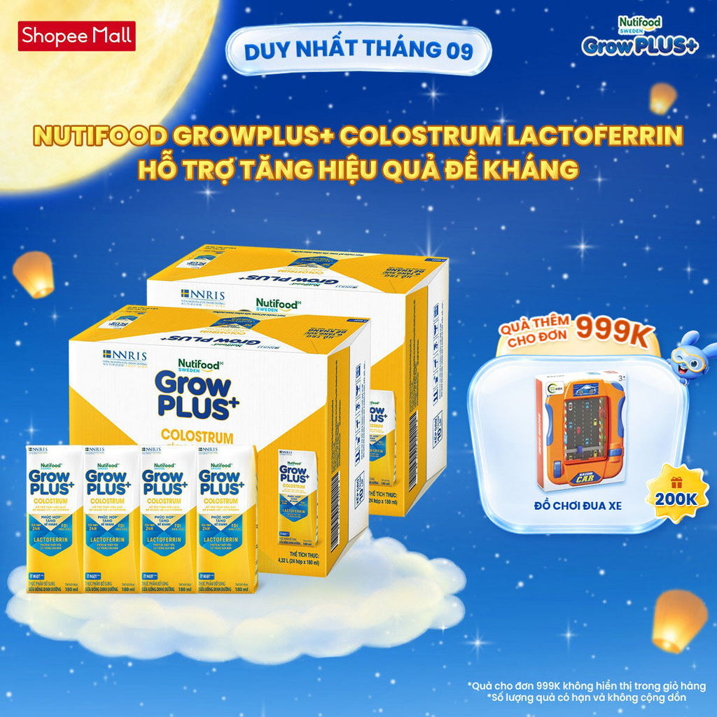 Combo 2 Thùng 24 hộp Sữa bột pha sẵn Nutifood Sweden GrowPLUS+ Colostrum Lactoferrin 180ml