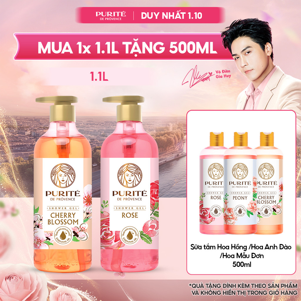 Sữa Tắm PURITE 1.1L Hương Hoa Anh Đào/Hoa Hồng Tặng Sữa Tắm Hương Hoa Anh Đào/Hoa Mẫu Đơn/Hoa Hồng 500ml