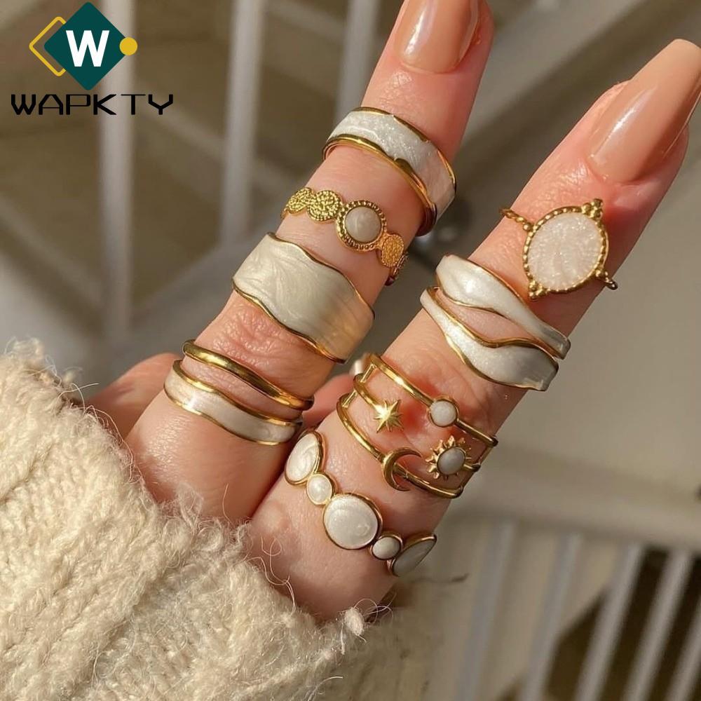 Nhẫn đeo tay WAPKTY, Bộ nhẫn không đều màu vàng, Nhẫn kim cương tráng men trắng rỗng hình học để trang sức mặc hàng ngày