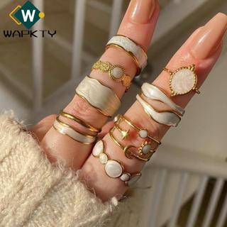 Nhẫn đeo tay WAPKTY, Bộ nhẫn không đều màu vàng, Nhẫn kim cương tráng men trắng rỗng hình học để trang sức mặc hàng ngày