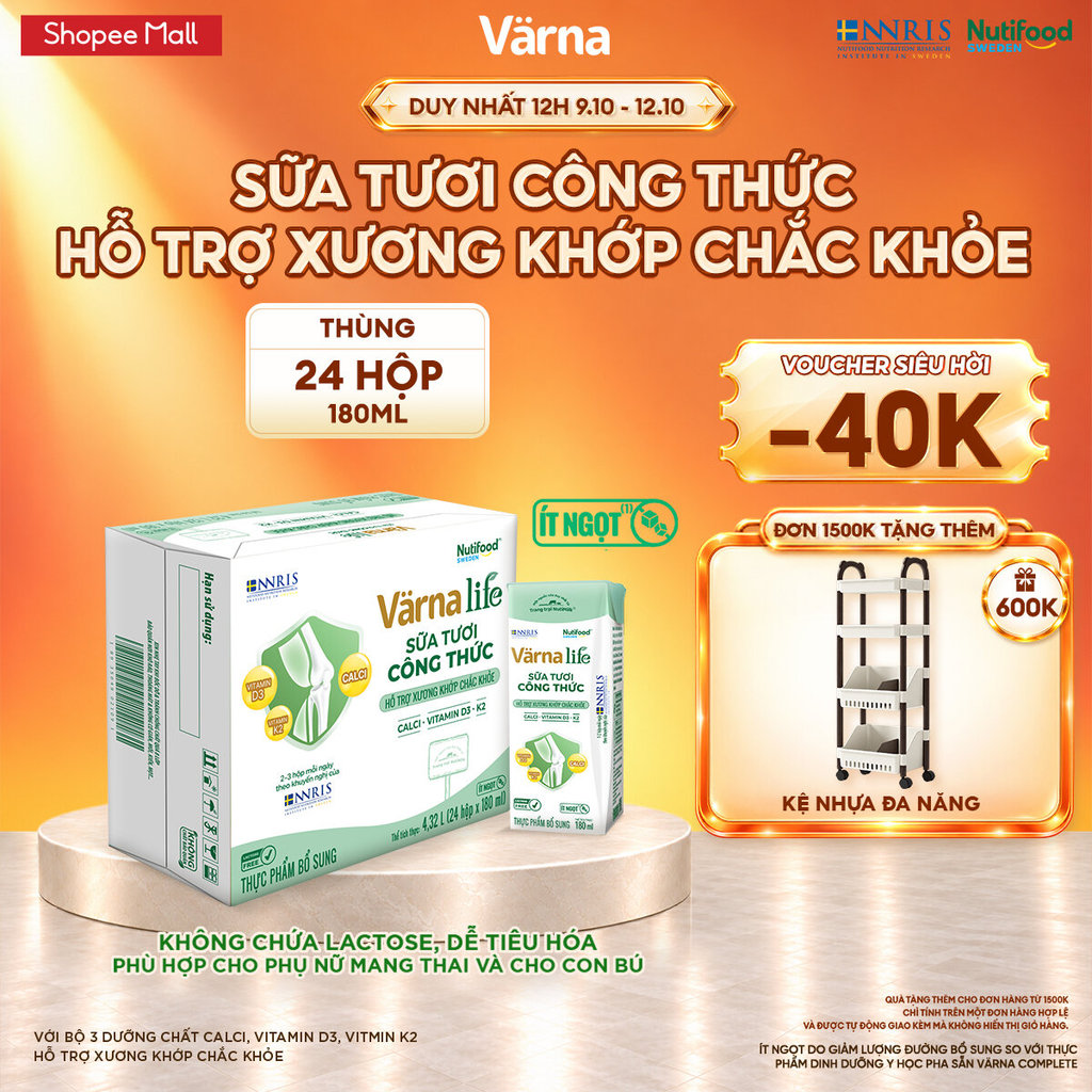 Thùng 24 hộp Varna Life sữa tươi công thức hỗ trợ xương khớp chắc khỏe (Xanh) ( 24 hộp x 180ml)