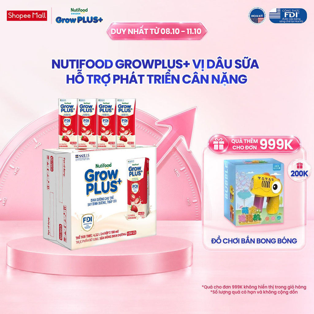 Thùng 24 hộp Sữa bột pha sẵn Nutifood GrowPLUS+ Vị Dâu Sữa hộp 180ml - Trên 1 tuổi (24 hộp x 180ml)