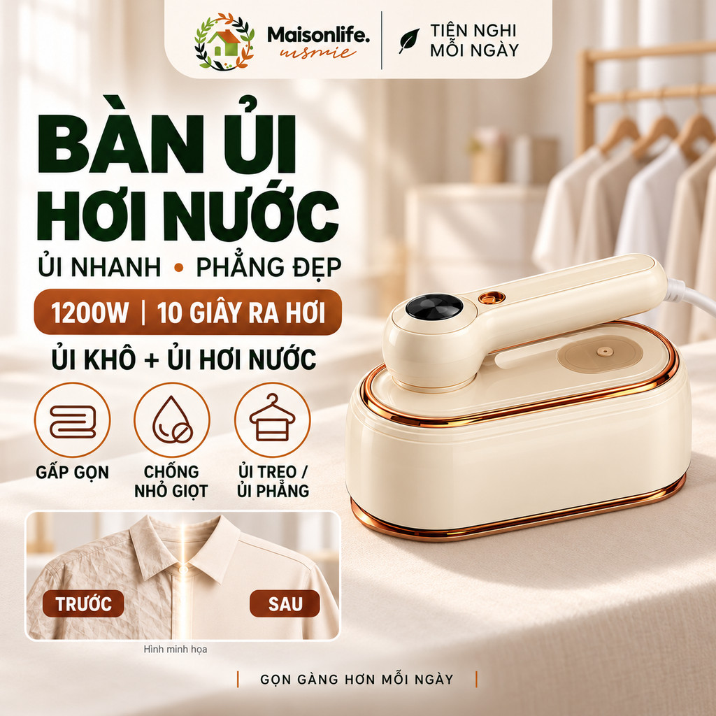 Bàn Ủi Hơi Nước Cầm Tay Mini 1200W, Làm Phẳng Quần Áo Nhanh, Ủi Treo Ủi Phẳng 2 Trong 1, Bình Nước 160ml