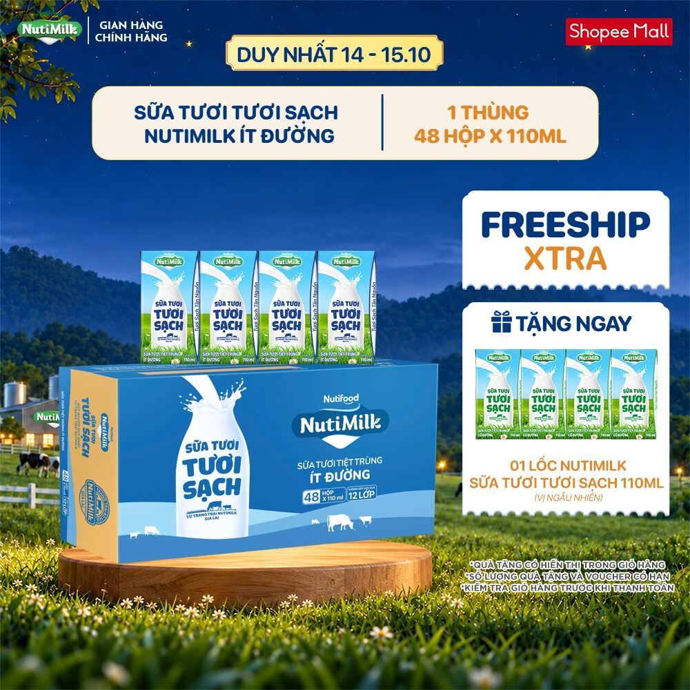 Thùng 48 Hộp Sữa Tươi Tươi Sạch NutiMilk 110ml/hộp Ít Đường