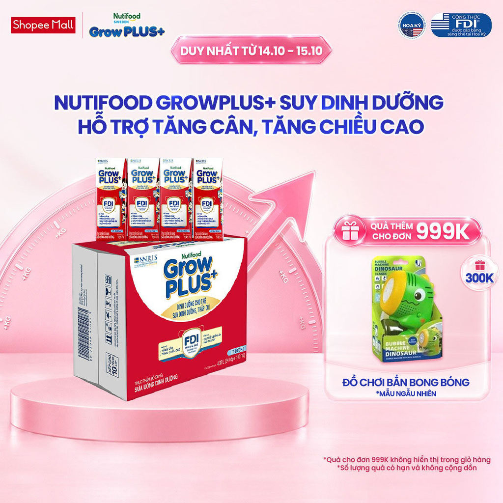 Thùng 24 hộp SBPS Nutifood GrowPLUS+ Suy Dinh Dưỡng (Đỏ) Ít đường 180ml - Tăng Cân, Tăng Chiều Cao (Bao bì tùy lô hàng)