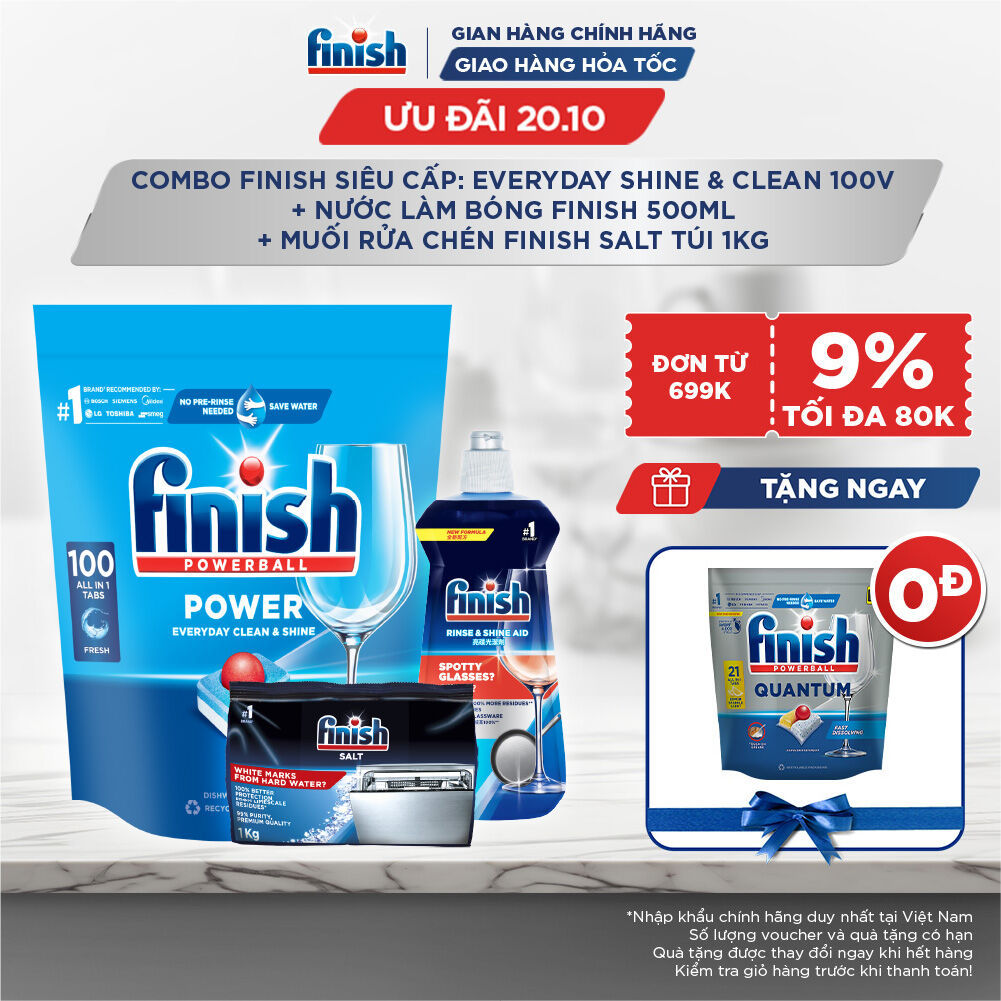 [20.10 Tặng Quantum 21 viên] Combo Finish siêu cấp: Everyday Shine & Clean 100v + Nước Làm Bóng 500ml + Muối Rửa Chén1kg