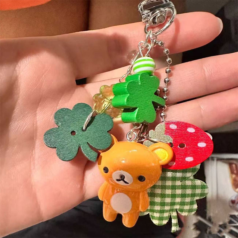 Mới Đính Hạt Cỏ Ba Lá Móc Khóa Hoạt Hình Gấu Retro Mặt Dây Chuyền Túi Trang Trí Móc Chìa Khóa