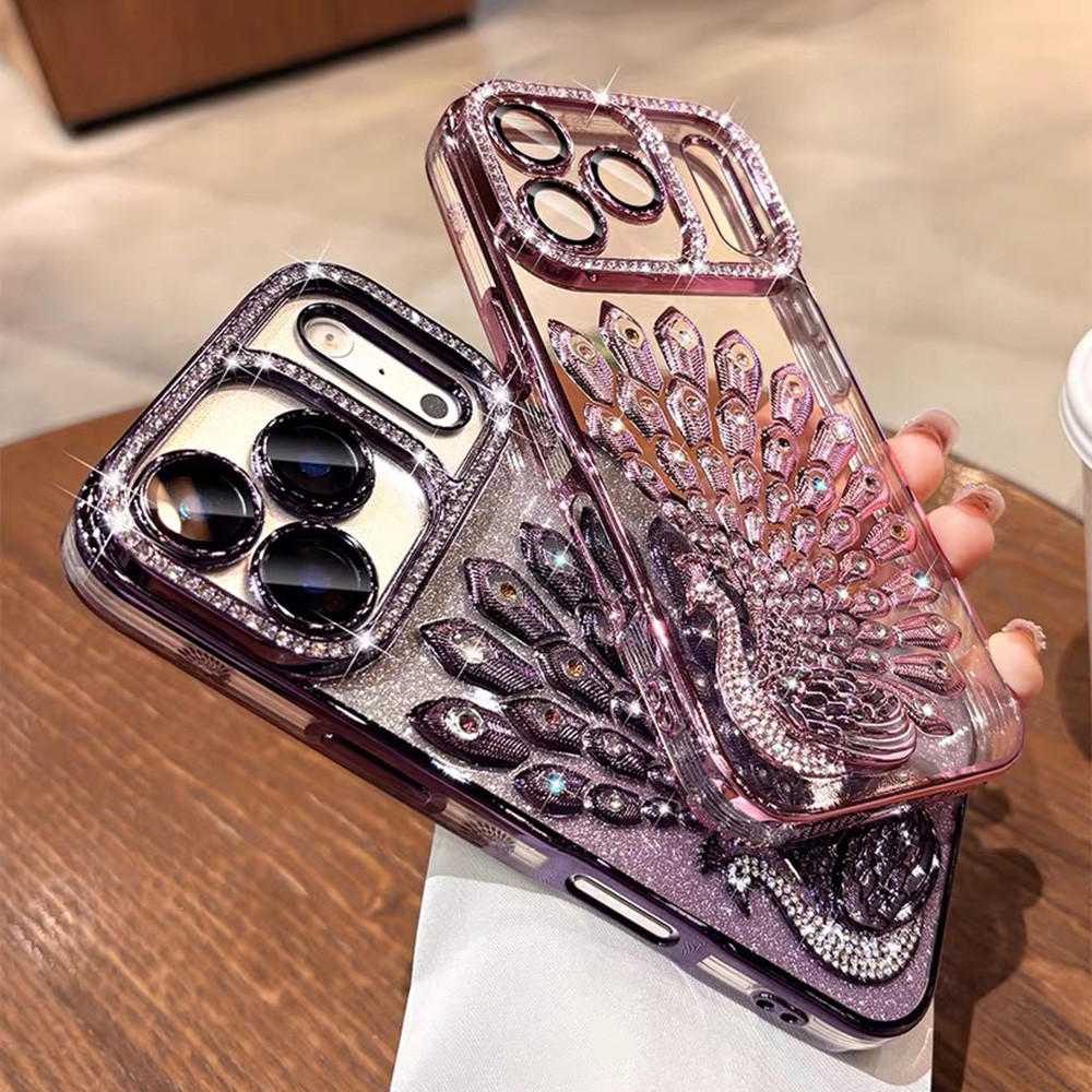 Sang Trọng Con Công Lấp Lánh Mạ Có Ống Kính Phim Vỏ Điện Thoại Cho iPhone 17 Pro Max 17 Air 16 Plus 15 14 13 Vỏ Bảo Vệ Chống Sốc