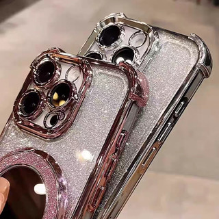 Ốp điện thoại IPhone tương thích lấp lánh gương sang trọng 17 16 15 11 12 13 14 Pro Max Xr X Xs Max Gương Flash bốn góc chống rơi Giá đỡ xoay mạ điện Vỏ điện thoại Vỏ mềm