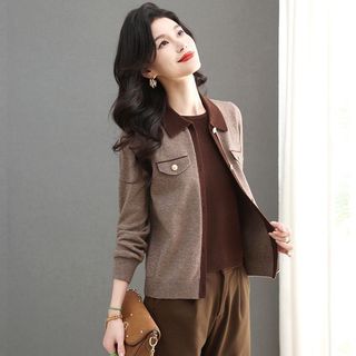Áo len nữ dáng giả hai mảnh rời ôm body, phong cách Hàn Quốc, cổ áo Polo